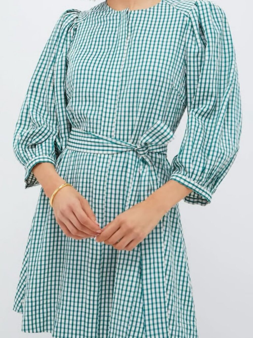 Green and White Gingham Tie-Waist Dress (Searsucker)